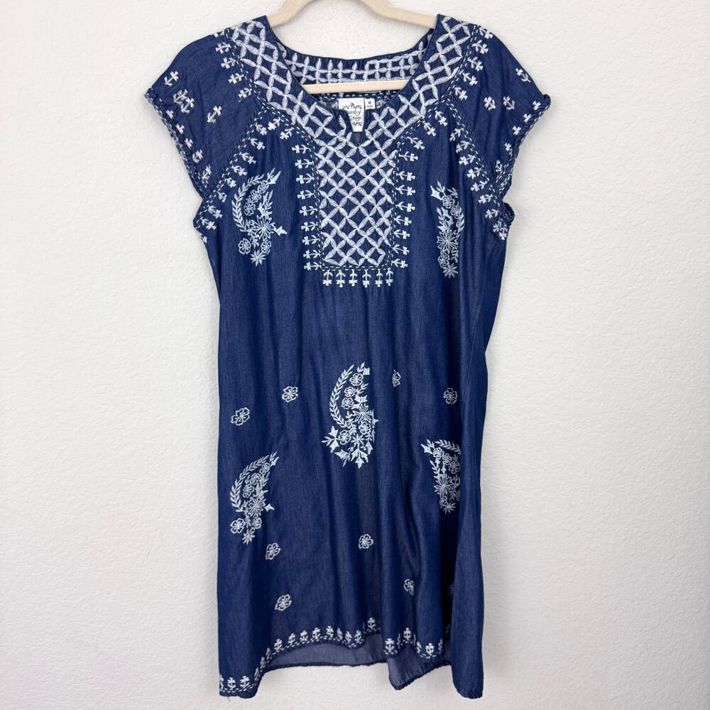 Parsley & Sage Womens Chambray Mini Dress Size M Embroidered Floral Boho Blue